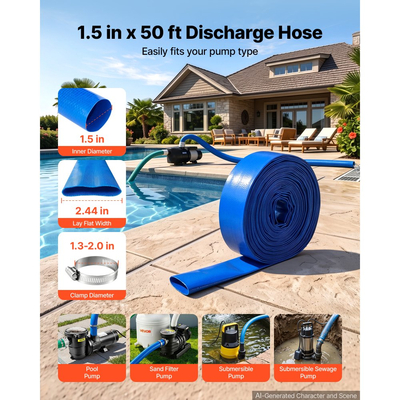 Σωλήνας εκκένωσης VEVOR 1-1/2" x 15,2 m PVC Lay Flat Σωλήνας αντλίας νερού αντίστροφης πλύσης, για φίλτρο άμμου πισίνας και αντλία φρεατίου, βαρέως τύπου, αποχέτευσης μεταφοράς νερού, ανθεκτικός σε καιρικές συνθήκες και εκρήξεις, με σφιγκτήρες, μπλε