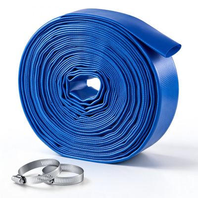 Σωλήνας εκκένωσης VEVOR 1-1/2" x 15,2 m PVC Lay Flat Σωλήνας αντλίας νερού αντίστροφης πλύσης, για φίλτρο άμμου πισίνας και αντλία φρεατίου, βαρέως τύπου, αποχέτευσης μεταφοράς νερού, ανθεκτικός σε καιρικές συνθήκες και εκρήξεις, με σφιγκτήρες, μπλε