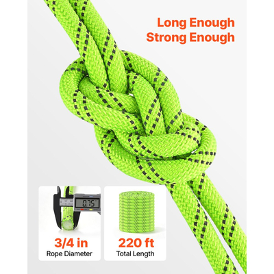 Σχοινί πολυεστέρα διπλής πλέξης VEVOR 19,1 mm x 67 m για δενδροκομικές εργασίες, βαρέως τύπου 26 κλώνων, υψηλής αντοχής σε θραύση 8800 kg, σχοινί ρυμούλκησης και έλξης για αναρρίχηση σε εξωτερικούς χώρους, πράσινο