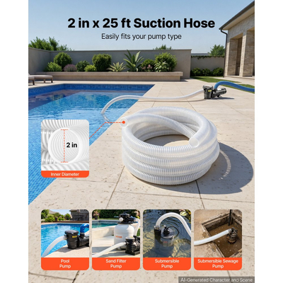 Σωλήνας αναρρόφησης VEVOR 2" x 7,6 m Βαρέως τύπου από PVC, για αντλία απορριμμάτων πισίνων, μεταφορά νερού, αντοχή σε υψηλή πίεση, ανθεκτικό στις καιρικές συνθήκες και στις εκρήξεις, με σφιγκτήρες, λευκό