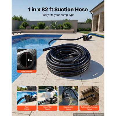 Σωλήνας αναρρόφησης VEVOR 25 mm x 25 m, βαρέως τύπου, από PVC, αντλία αναρρόφησης, για πισίνες, αντλία απορριμμάτων, μεταφορά νερού, αντοχή σε υψηλή πίεση, ανθεκτικό στις καιρικές συνθήκες και στις εκρήξεις, με σφιγκτήρες, μαύρο