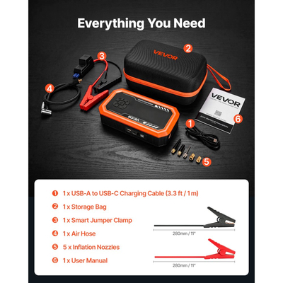 VEVOR Jump Starter με Αεροσυμπιεστή 3000A Peak Car Battery Box Jump, Φορητό για βενζίνη 9,0L / ντίζελ 6,5L, Φουσκωτό ελαστικών 150 PSI με αυτόματη απενεργοποίηση, Power Bank, Φορτιστής μπαταρίας 12V, με φακό LED