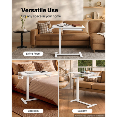 VEVOR Τραπεζάκι Κρεβατιού 800 x 450 mm με Κρυφούς Τροχούς, για Καναπές-Κρεβάτι-Γραφείο στο Σπίτι, Ρυθμιζόμενο Ύψος για Φορητό Υπολογιστή, Ορθοστάτης με Δίσκο Πληκτρολογίου και Θήκη Ποτηριών, Λευκό