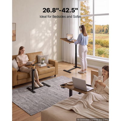 VEVOR Τραπεζάκι Κρεβατιού 700 x 400 mm με Κρυφούς Τροχούς, για Καναπές-Κρεβάτι-Γραφείο, Ρυθμιζόμενο Ύψος για Φορητό Υπολογιστή, Ορθοστάτης με Ανακλινόμενη Επιφάνεια Εργασίας & Ποτηροθήκη, Καφέ