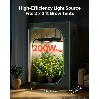 Φως ανάπτυξης LED VEVOR 200W πλήρους φάσματος με δυνατότητα ρύθμισης φωτεινότητας 400-740 nm, για φυτά εσωτερικού χώρου σε τέντα καλλιέργειας 60 x 60 cm, για σπορά, λαχανικά, κράμα αλουμινίου, αλυσίδα μαργαρίτας, ρυθμιζόμενη φωτεινότητα