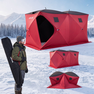 Σκηνή Ψαρέματος στον Πάγο VEVOR Pop Up 6-8 Ατόμων 3,6 x 1,8 x 2 m Φορητή Στέγη, για Χειμερινό Ψάρεμα, Εμβαδόν 6,27 m², Κουβέρτα από Ύφασμα Oxford 300D, Παγάκι με Άγκυρες, Σχοινιά, Τσάντα Μεταφοράς, Κόκκινο/Μαύρο