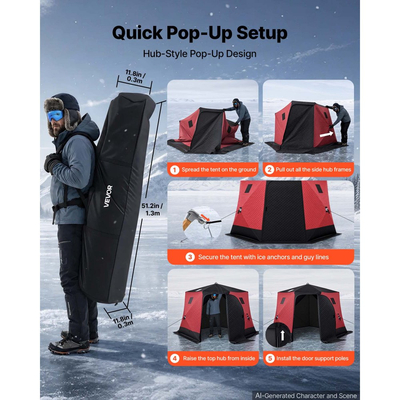 Σκηνή Ψαρέματος στον Πάγο VEVOR Pop Up 6-8 Ατόμων 3,3 x 3,3 x 2 m με μόνωση, για χειμερινό ψάρεμα, επιφάνεια 6,75 m², ύφασμα 600D 4 στρώσεων, φορητός κύβος τύπου κέντρου με άγκυρες, σχοινιά, τσάντα μεταφοράς, κόκκινο