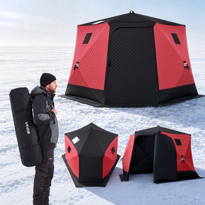 Σκηνή Ψαρέματος στον Πάγο VEVOR Pop Up 6-8 Ατόμων 3,3 x 3,3 x 2 m με μόνωση, για χειμερινό ψάρεμα, επιφάνεια 6,75 m², ύφασμα 600D 4 στρώσεων, φορητός κύβος τύπου κέντρου με άγκυρες, σχοινιά, τσάντα μεταφοράς, κόκκινο
