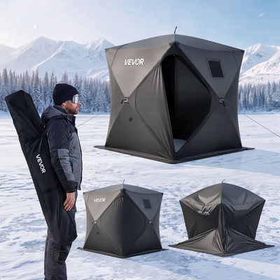 Σκηνή Ψαρέματος στον Πάγο VEVOR Pop Up 3-4 Ατόμων 1,8 x 1,8 x 2 m Φορητή Στέγη, για Χειμερινό Ψάρεμα, Εμβαδόν 3,13 m², Κουβέρτα από Ύφασμα Oxford 300D, Παγάκι με Άγκυρες, Σχοινιά, Τσάντα Μεταφοράς, Μαύρο