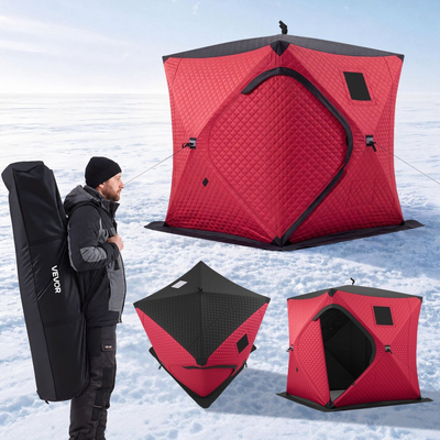 Σκηνή Ψαρέματος στον Πάγο VEVOR Pop Up 3-4 Ατόμων 1,8 x 1,8 x 2 m με μόνωση, για χειμερινό ψάρεμα, επιφάνεια 3,13 m², ύφασμα 600D 4 στρώσεων, φορητός κύβος τύπου κέντρου με άγκυρες, σχοινιά, τσάντα μεταφοράς, κόκκινο