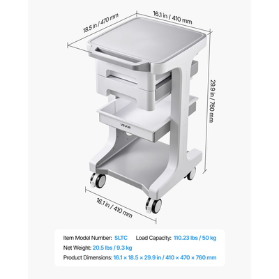 Ιατρικό καρότσι VEVOR, μέγιστο φορτίο 50 kg, με 2 συρτάρια, για κλινική, νοσοκομείο, εργαστήριο, σταθερή στήριξη, αθόρυβο τροχήλατο καρότσι με περιστρεφόμενους τροχούς 360° που κλειδώνουν, οργανωμένη αποθήκευση