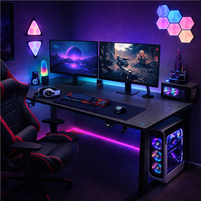 VenCore 2730-10003 - Gaming Desk Adjustable 140x60x72-112cm Black - Μοντέρνο Γραφείο Ρυθμιζόμενου Ύψους Gaming VenCore Μοριοσανίδας Carbon Fiber με Μεταλλικά Πόδια Μαύρο Μ140 x Π60 x Υ72-112cm