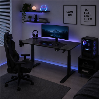 VenCore 2730-10003 - Gaming Desk Adjustable 140x60x72-112cm Black - Μοντέρνο Γραφείο Ρυθμιζόμενου Ύψους Gaming VenCore Μοριοσανίδας Carbon Fiber με Μεταλλικά Πόδια Μαύρο Μ140 x Π60 x Υ72-112cm