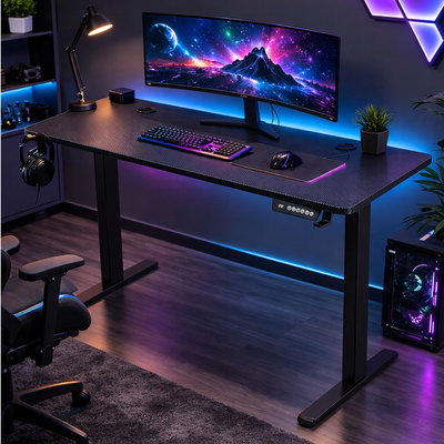 VenCore 2730-10004 - Gaming Desk Adjustable 140x60x72-112cm Black - Μοντέρνο Γραφείο Ρυθμιζόμενου Ύψους με Λειτουργία Μνήμης Gaming VenCore Μοριοσανίδας Carbon Fiber με Μεταλλικά Πόδια Μαύρο Μ140 x Π60 x Υ72-112cm