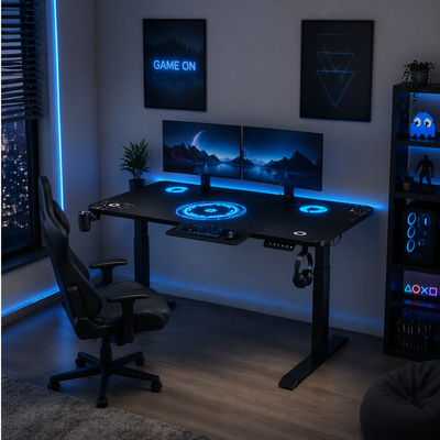 VenCore 2730-10007 - Gaming Desk Adjustable 120x60x72-112cm Black - Μοντέρνο Γραφείο Ρυθμιζόμενου Ύψους με Λειτουργία Μνήμης Gaming VenCore Μοριοσανίδας Carbon Fiber με Μεταλλικά Πόδια Μαύρο Μ120 x Π60 x Υ72-112cm
