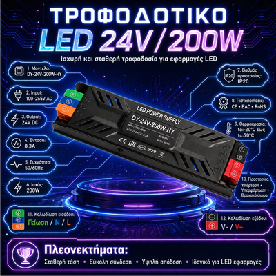 VenCore 6614-50012 - Aluminium High Tech Power Supply 200W 24V 8.35A - Τροφοδοτικό Αλουμινίου Υψηλής Τεχνολογίας 230 Volt σε 24 Volt 200 Watt 8.35 Ampere - Μ18.5xΠ5.2xΥ2.5cm