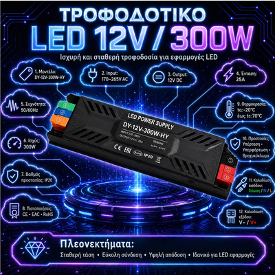 VenCore 6614-50013 - Aluminium High Tech Power Supply 300W 12V 25A - Τροφοδοτικό Αλουμινίου Υψηλής Τεχνολογίας 230 Volt σε 12 Volt 300 Watt 25 Ampere - Μ20.7xΠ5.2xΥ2.5cm