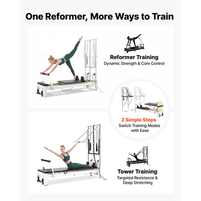 VEVOR Pilates Reformer με Πύργο 2,4μ Μηχανή Pilates 181kg από κράμα αλουμινίου, για οικιακή χρήση και προπόνηση σε γυμναστήριο, με σανίδα άλματος, ελατήρια, πλαίσιο καθίσματος και ρυθμιζόμενο στήριγμα κεφαλής, για προχωρημένους αρχάριους χρήστες