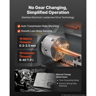 Τόρνος Μετάλλου VEVOR 220 x 762 mm 1100W Ημιαυτόματος Τόρνος Πάγκου, για Ακριβή Κατεργασία Μετάλλου, Τόρνευση, Σπειρώματα, Ηλεκτρονική Κίνηση με Βίδα, Μεταβλητή Ταχύτητα 2500 RPM Max, με Κινητήρα χωρίς Ψήκτρες