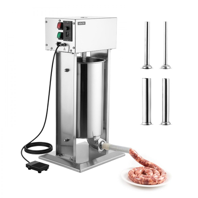 Ηλεκτρική Μηχανή Γεμίσματος Λουκάνικου VEVOR 15L Κάθετη Μηχανή Κρεατομηχανής από Ανοξείδωτο Ατσάλι, για Επαγγελματική Χρήση, Μηχανή Γεμίσματος Κρέατος με Αβαθμίδωτο Ρύθμιση Ταχύτητας, Κιτ Γεμίσματος Λουκάνικου, 4 Σωλήνες Γεμίσματος & Ποδοποδήλατο, Έγκριση CE