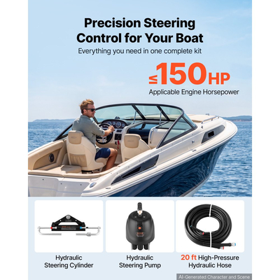 Κιτ υδραυλικού τιμονιού VEVOR 150HP Υδραυλικό σύστημα εξωλέμβιας διεύθυνσης 6,1 m, Σύστημα διεύθυνσης θαλάσσιου σκάφους, Αντλία τιμονιού 2,5 MPa, Κύλινδρος κλειδαριάς δύο κατευθύνσεων, Σωλήνες υψηλής αντοχής 6,1 m, για χρήση με έναν κινητήρα