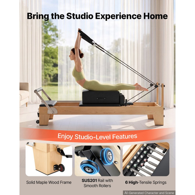 Μηχανή Pilates VEVOR Pilates Reformer 2,4 m Χωρητικότητα 181 kg Ξύλο σφενδάμου, για οικιακή χρήση και προπόνηση σε γυμναστήριο, με σανίδα άλματος, ελατήρια με μουσικό σύρμα και κουτί καθίσματος, κατάλληλο για προχωρημένους και αρχάριους χρήστες