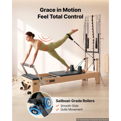 VEVOR Pilates Reformer με Πύργο 2,4 μ. Μηχανή Pilates 181 κιλών από ξύλο σφενδάμου, για οικιακή χρήση και προπόνηση σε γυμναστήριο, με Jump Board, ελατήρια με μουσικό σύρμα και κουτί καθίσματος, κατάλληλο για προχωρημένους και αρχάριους χρήστες