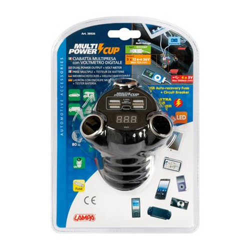 ΑΝΤΑΠΤΟΡΑΣ ΑΝΑΠΤΗΡΑ 12/24/36V ΤΡΙΠΛΟΣ ΜΕ 4 USB+ΒΟΛΤΟΜΕΤΡΟ MULTI POWER CUP ΜΕ ΚΑΛΩΔΙΟ 80cm