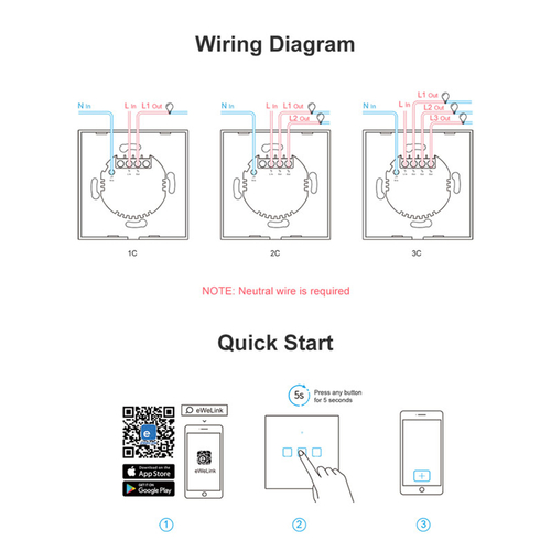 GloboStar® 80015 SONOFF T0EU1C-TX-EU-R2 - Wi-Fi Smart Wall Touch Button Switch 1 Way TX GR Series