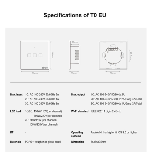 GloboStar® 80015 SONOFF T0EU1C-TX-EU-R2 - Wi-Fi Smart Wall Touch Button Switch 1 Way TX GR Series