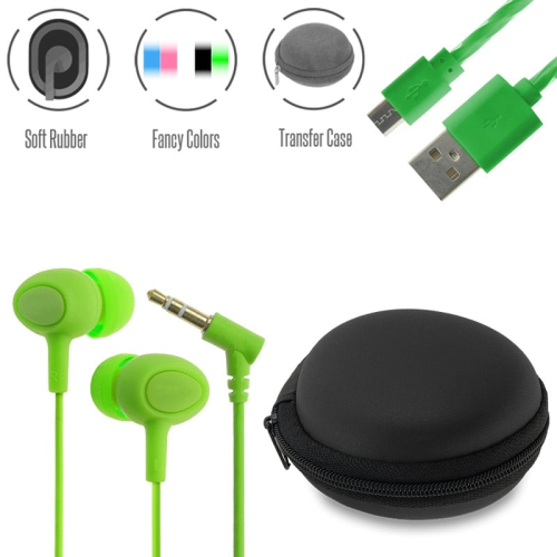 Stereo Hi-Fi Earphones Green +Θηκη+ Usb to Micro