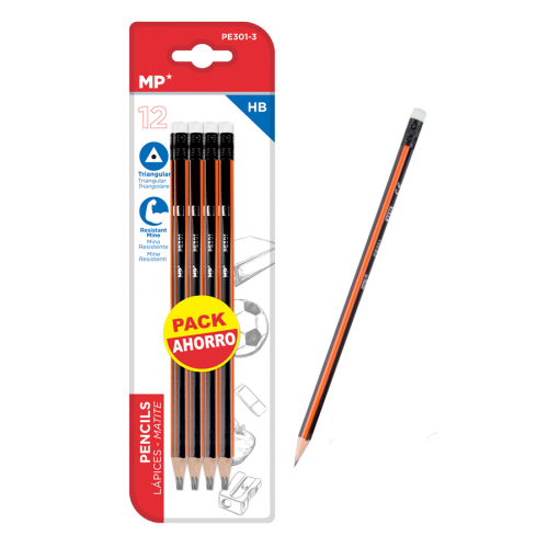 MP ξύλινο μολύβι με γόμα PE301-3, τρίγωνο, HB, 12τμχ