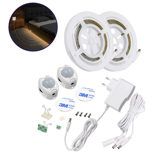 ΣΕΤ Ταινία LED Κρεβατιού 2 x 1.2m 12W 1200lm 2835 SMD 120° Αδιάβροχη IP65 με Τροφοδοτικό DC 12W 230V & 2 x Ανιχνευτές Κίνησης 360° Φυσικό Λευκό 4000k GloboStar 06015