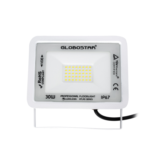 GloboStar® ATLAS 61413 Επαγγελματικός Προβολέας LED 30W 3750lm 120° AC 220-240V - Αδιάβροχος IP67 - Μ16 x Π2.5 x Υ12.5cm - Λευκό - Ψυχρό Λευκό 6000K - LUMILEDS Chips - TÜV Rheinland Certified - 5 Years Warranty