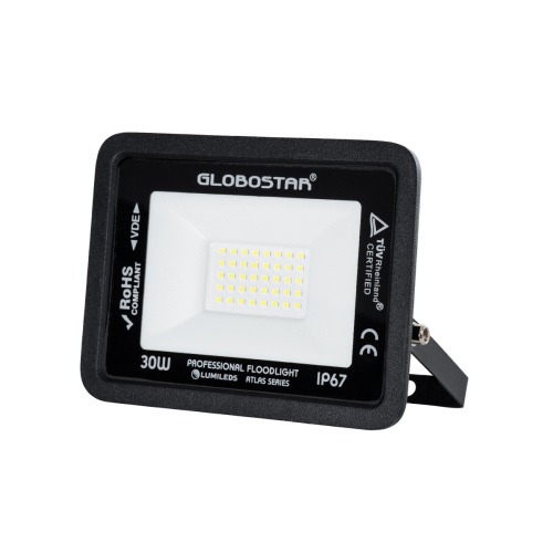 GloboStar® ATLAS 61416 Επαγγελματικός Προβολέας LED 30W 3750lm 120° AC 220-240V - Αδιάβροχος IP67 - Μ16 x Π2.5 x Υ12.5cm - Μαύρο - Ψυχρό Λευκό 6000K - LUMILEDS Chips - TÜV Rheinland Certified - 5 Years Warranty