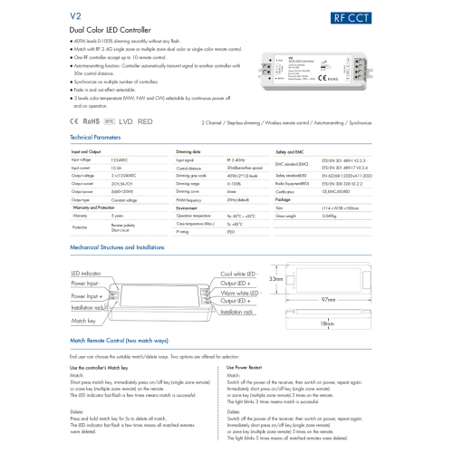 GloboStar® 71564 V2 SKYDANCE DC RF 2.4Ghz Dimmer High Speed Controller 2 Καναλιών DC 12-24V 2 x 5A 120W - Max 10.5A 252W - IP20 Μ10 x Π3.5 x Υ2cm - 5 Years Warranty