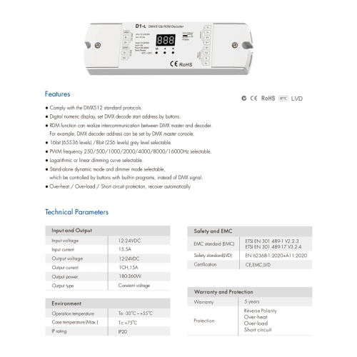 GloboStar® 71446 D1-L SKYDANCE DC DMX & RDM Dimmer High Speed Controller / Decoder 1 Καναλιού DC 12-24V 1 x 15.5A 360W - Max 15.5A 360W - IP20 Μ17 x Π5 x Υ2.5cm - 5 Years Warranty