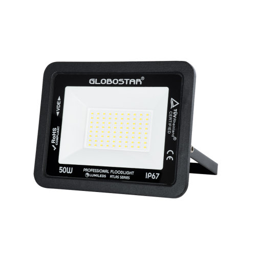 GloboStar® ATLAS 61423 Επαγγελματικός Προβολέας LED 50W 6000lm 120° AC 220-240V - Αδιάβροχος IP67 - Μ21 x Π3.5 x Υ16cm - Μαύρο - Φυσικό Λευκό 4500K - LUMILEDS Chips - TÜV Rheinland Certified - 5 Years Warranty