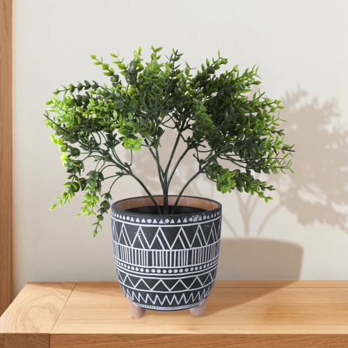 GloboStar® Artificial Garden NAIROBI 20509 Διακοσμητικό Κεραμικό Κασπώ Γλάστρα - Flower Pot Μαύρο με Λευκό Φ16 x Υ16cm