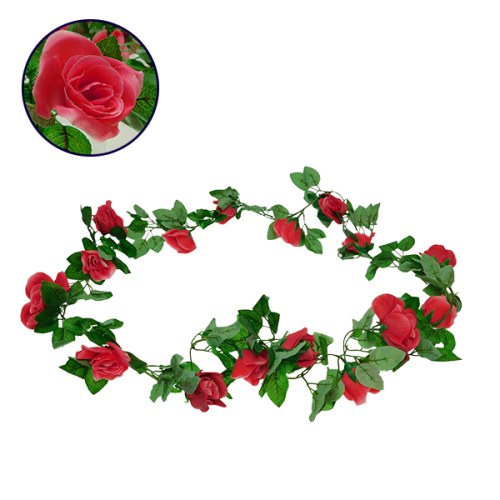GloboStar® 09008 Τεχνητό Κρεμαστό Φυτό Διακοσμητική Γιρλάντα Μήκους 2 μέτρων με 16 X Μεγάλα Τριαντάφυλλα Φούξια