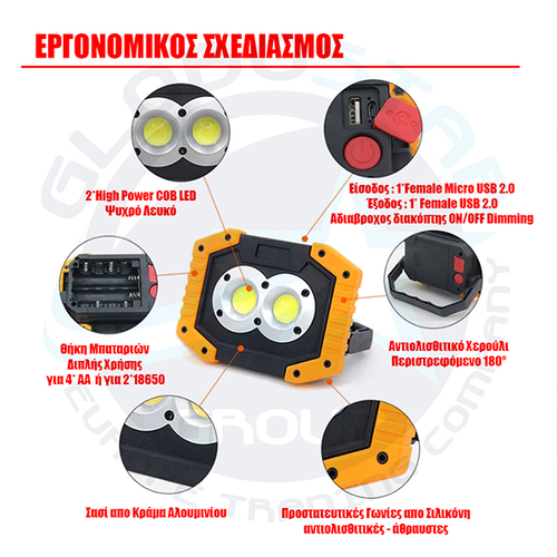 Φορητός Προβολέας Εργασίας 20W LED Αδιάβροχος IP65 Επαναφορτιζόμενος 4 Modes & Power Bank και Καλώδιο Micro USB GloboStar 88948