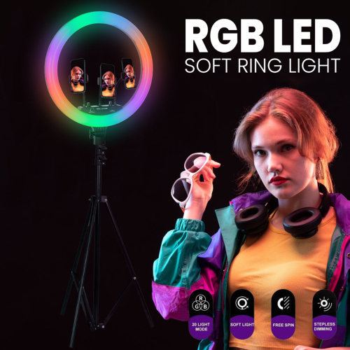 GloboStar® 75805 Professional Digital Ring Light Φ46cm LED SMD 70W 7000lm 180° AC 230V με Καλώδιο Τροφοδοσίας Πρίζας - Ασύρματο Χειριστήριο RF 2.4Ghz Εναλλαγής Χρωμάτων & 3 Βάσεις Τηλεφώνου - Πολύχρωμο RGBW+WW Dimmable