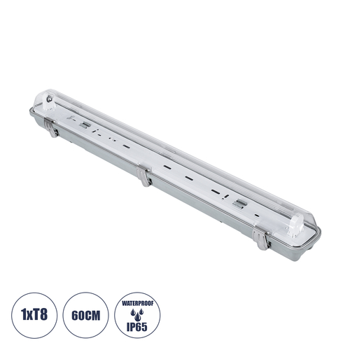 GloboStar® 90610 60cm Tri-Proof Πλαστικό PC Σκαφάκι με Μεταλλικά Clips για 1 x Λάμπες T8 Τύπου Φθορίου LED Τροφοδοσίας Ενός Άκρου Αδιάβροχο IP65