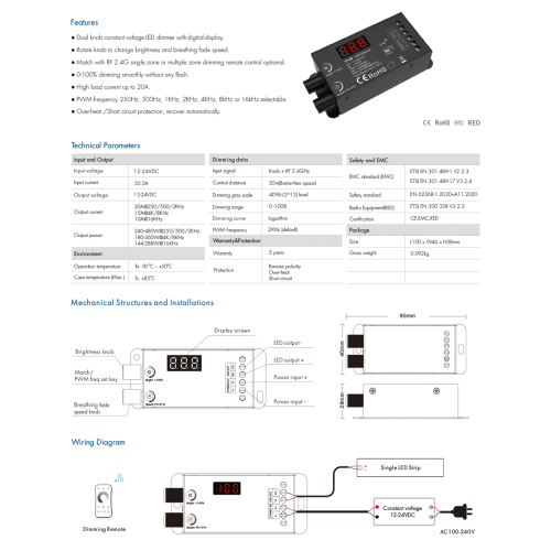 GloboStar® 73116 V1-B SKYDANCE DC RF 2.4Ghz Dimmer Constant Voltage Controller 1 Κανάλι DC 12-24V 1 x 20.5A 480W - Max 20.5A 480W - IP20 Μ9 x Π4 x Υ2.8cm - 5 Χρόνια Εγγύηση