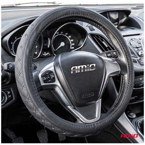 ΚΑΛΥΜΜΑ ΤΙΜΟΝΙΟΥ ΑΠΟ ΔΕΡΜΑ (S) 35-37cm SWC-51-S ΣΕ ΜΑΥΡΟ ΧΡΩΜΑ ΜΕ ΜΑΥΡΕΣ ΡΑΦΕΣ AMIO - 1 Τεμ.