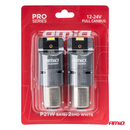 ΛΑΜΠΕΣ P21W BA15S 12/24V 6.000K 2xSMD LED FULL CAN-BUS (ΜΕ ΑΝΕΜΙΣΤΗΡΑΚΙ) ΛΕΥΚΟ PRO SERIES AMIO - 2 ΤΕΜ.