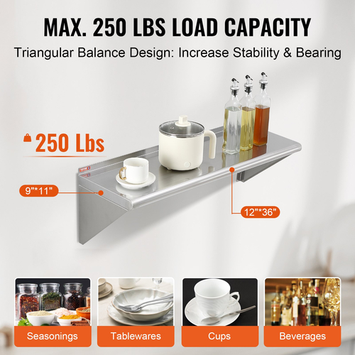 VEVOR 12&quot; x 36&quot; ράφι από ανοξείδωτο χάλυβα, επιτοίχια πλωτά ράφια με βραχίονες, εμπορικά ράφια χωρητικότητας 250 lbs, ράφι αποθήκευσης βαρέως τύπου για εστιατόριο, κουζίνα, μπαρ, σπίτι και ξενοδοχείο