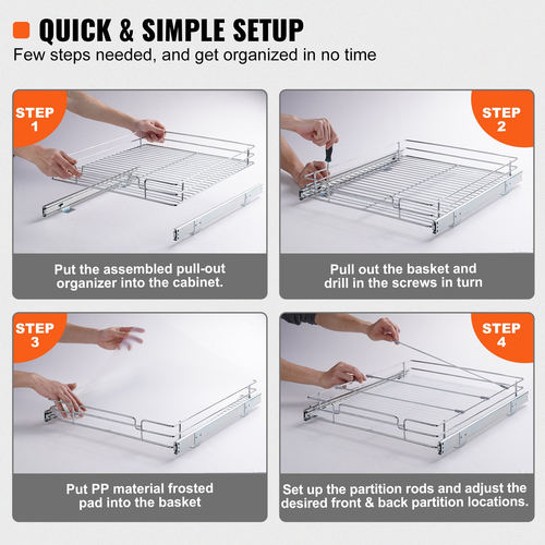 VEVOR 17&quot; Π x 21&quot; D Pull Out Organizer ντουλαπιών, Ράφια βαρέως τύπου Slide Out, Συρτάρια από επιχρωμιωμένο ατσάλι, Συρόμενο συρτάρι αποθήκευσης για το σπίτι, εσωτερικό ντουλάπι κουζίνας, μπάνιο, κάτω από νεροχύτη