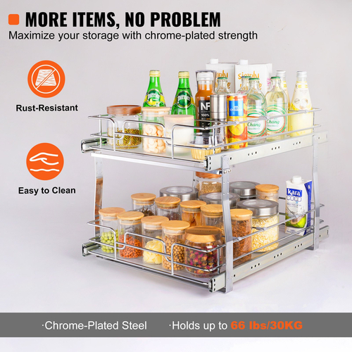 VEVOR 2 Tier 16&quot; W x 21&quot; D Pull Out Organizer Ντουλάπας, Ράφια βαρέως τύπου Slide Out, Συρτάρια από επιχρωμιωμένο ατσάλι, Συρτάρια αποθήκευσης συρταριών για εσωτερικό ντουλάπι κουζίνας, μπάνιο, κάτω από νεροχύτη