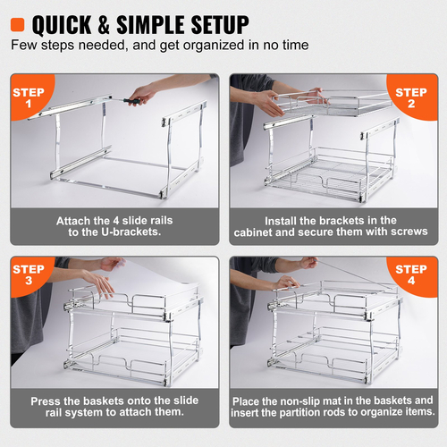 VEVOR 2 Tier 16&quot; W x 21&quot; D Pull Out Organizer Ντουλάπας, Ράφια βαρέως τύπου Slide Out, Συρτάρια από επιχρωμιωμένο ατσάλι, Συρτάρια αποθήκευσης συρταριών για εσωτερικό ντουλάπι κουζίνας, μπάνιο, κάτω από νεροχύτη